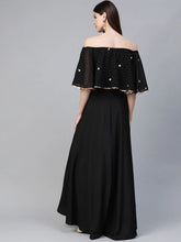Black & Golden Foil Printed Detail Off-Shoulder Layered Maxi Dress-AHKUCRGRFP-855